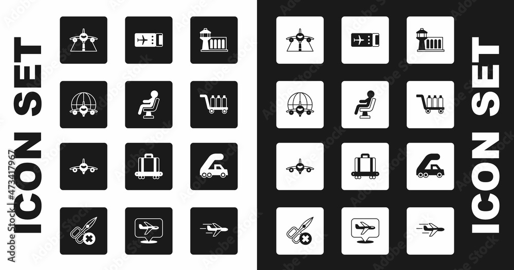 Set Airport control tower, Human waiting in airport terminal, Globe with flying plane, Plane, Trolley baggage, Airline ticket, Passenger ladder for boarding and icon. Vector Set Airport control tower, Human waiting in airport terminal, Globe with flying plane, Plane, Trolley baggage, Airline ticket, Passenger ladder for boarding and icon. Vector
