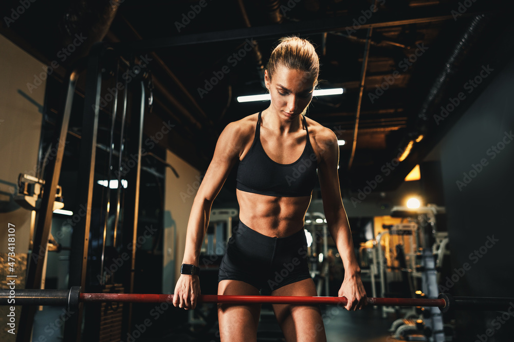 Woman Doing Back Training With Barbell At The Gym Woman Doing Back Training With Barbell At The Gym