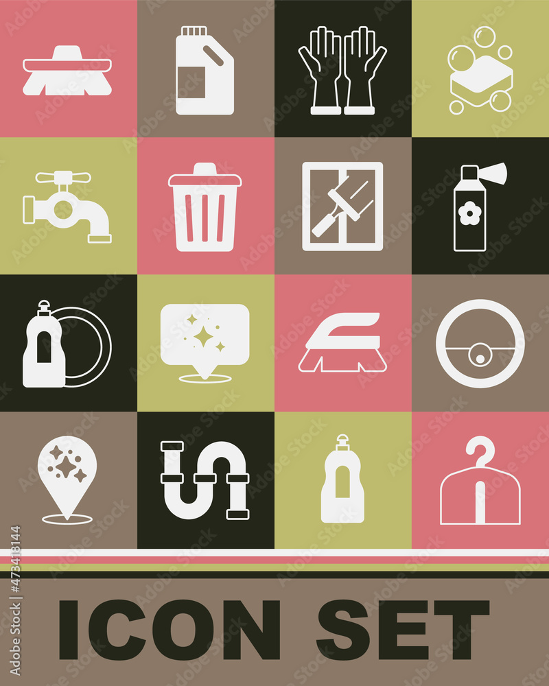 Set Hanger wardrobe, Robot vacuum cleaner, Air freshener spray bottle, Rubber gloves, Trash can, Water tap, Brush for cleaning and windows icon. Vector Set Hanger wardrobe, Robot vacuum cleaner, Air freshener spray bottle, Rubber gloves, Trash can, Water tap, Brush for cleaning and windows icon. Vector