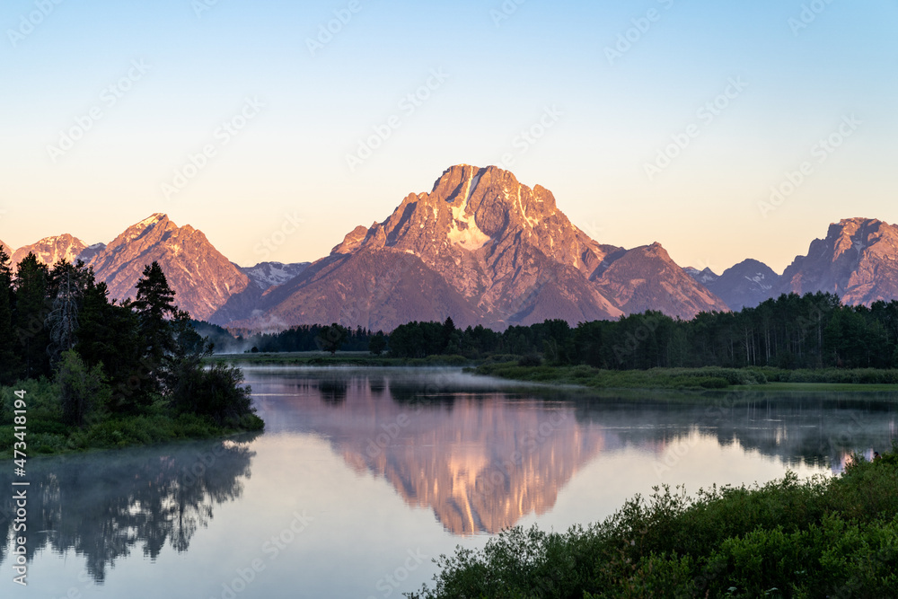 Oxbow Bend at sunrise in Grand Teton National Park during summer