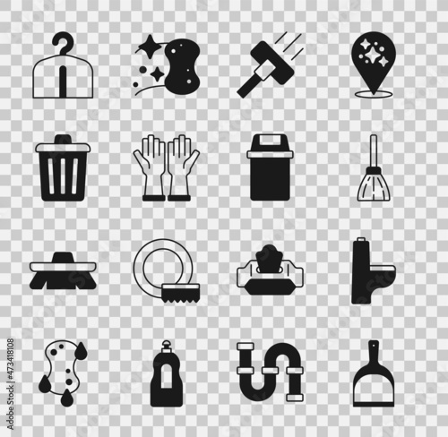 Set Dustpan, Toilet bowl, Handle broom, Vacuum cleaner, Rubber gloves, Trash can, Hanger wardrobe and icon. Vector