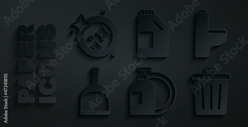 Set Dishwashing liquid bottle, Toilet bowl, Dustpan, Trash can, Bottle for cleaning agent and Washing dishes icon. Vector