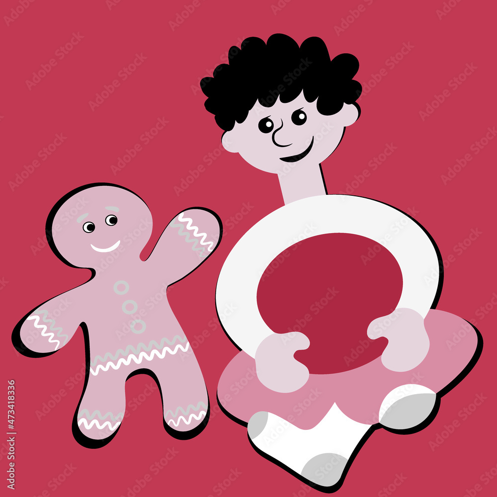 the boy sits cross-legged and smiles at the gingerbread man. Design element the boy sits cross-legged and smiles at the gingerbread man. Design element