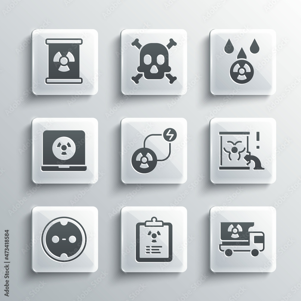 Set Radiation warning document, Truck with radiation materials, Radioactive waste barrel, exchange energy, Electrical outlet, Nuclear laptop, and Acid rain and radioactive cloud icon. Vector Set Radiation warning document, Truck with radiation materials, Radioactive waste barrel, exchange energy, Electrical outlet, Nuclear laptop, and Acid rain and radioactive cloud icon. Vector