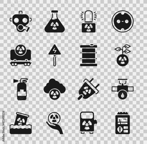 Set Dosimeter, Industry pipe and valve, Radioactive, warning lamp, High voltage sign, cargo train, Gas mask and waste barrel icon. Vector