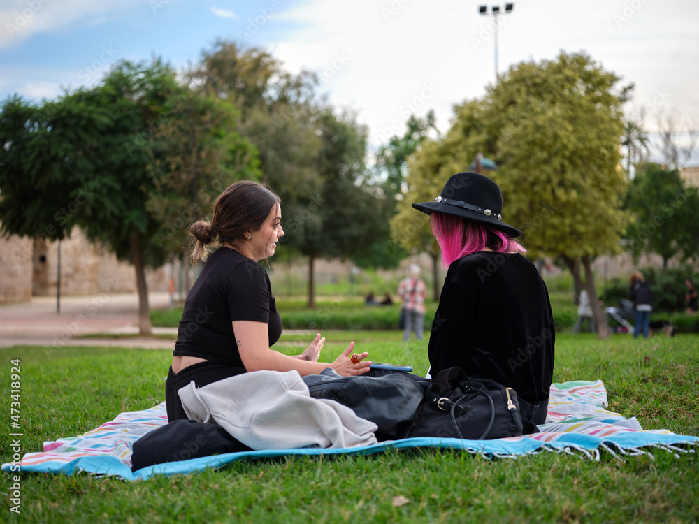 horizontal full view of two women sitting on a picnic blanket in the park