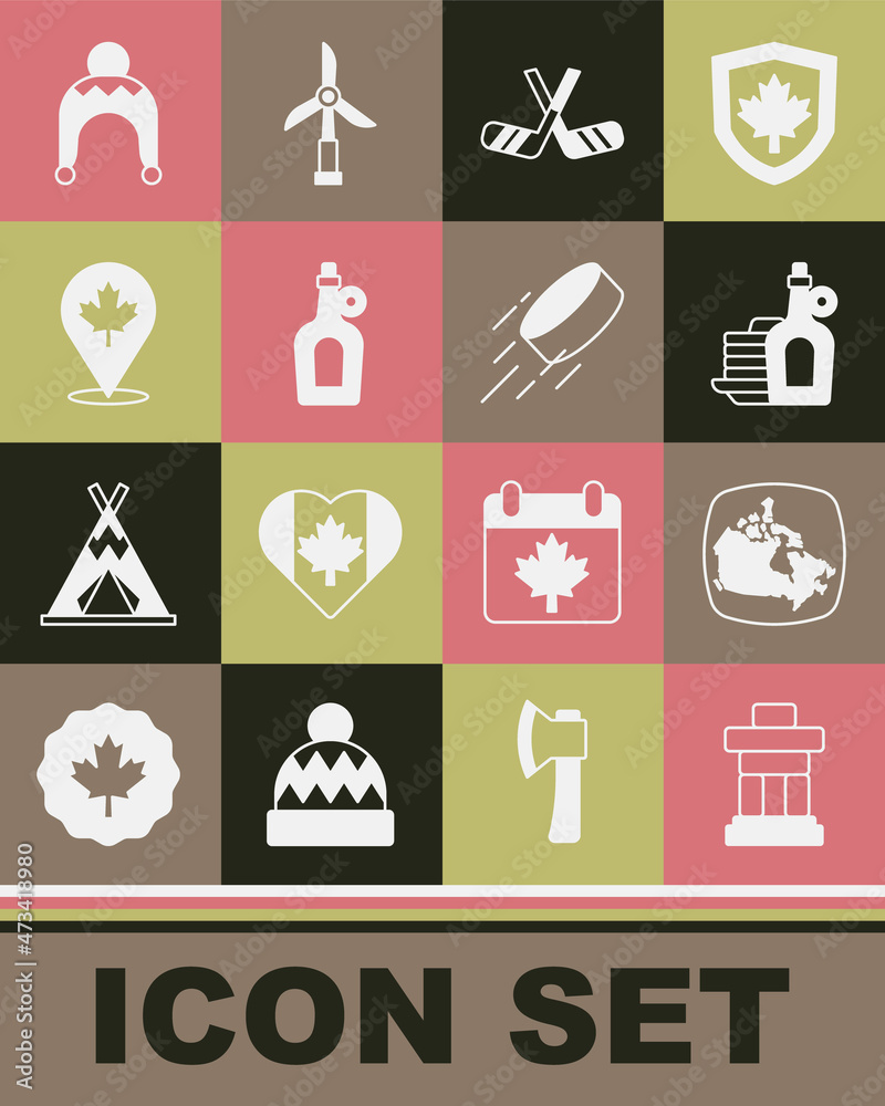 Set Inukshuk, Canada map, Syrup with pancakes, Ice hockey sticks, Bottle of maple syrup, Canadian leaf, Winter hat and Hockey puck icon. Vector Set Inukshuk, Canada map, Syrup with pancakes, Ice hockey sticks, Bottle of maple syrup, Canadian leaf, Winter hat and Hockey puck icon. Vector