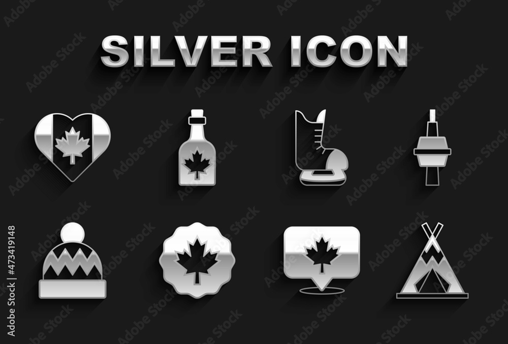 Set Canadian maple leaf, TV CN Tower in Toronto, Indian teepee wigwam, Beanie hat, Skates, Heart shaped Canada flag and Bottle of syrup icon. Vector Set Canadian maple leaf, TV CN Tower in Toronto, Indian teepee wigwam, Beanie hat, Skates, Heart shaped Canada flag and Bottle of syrup icon. Vector
