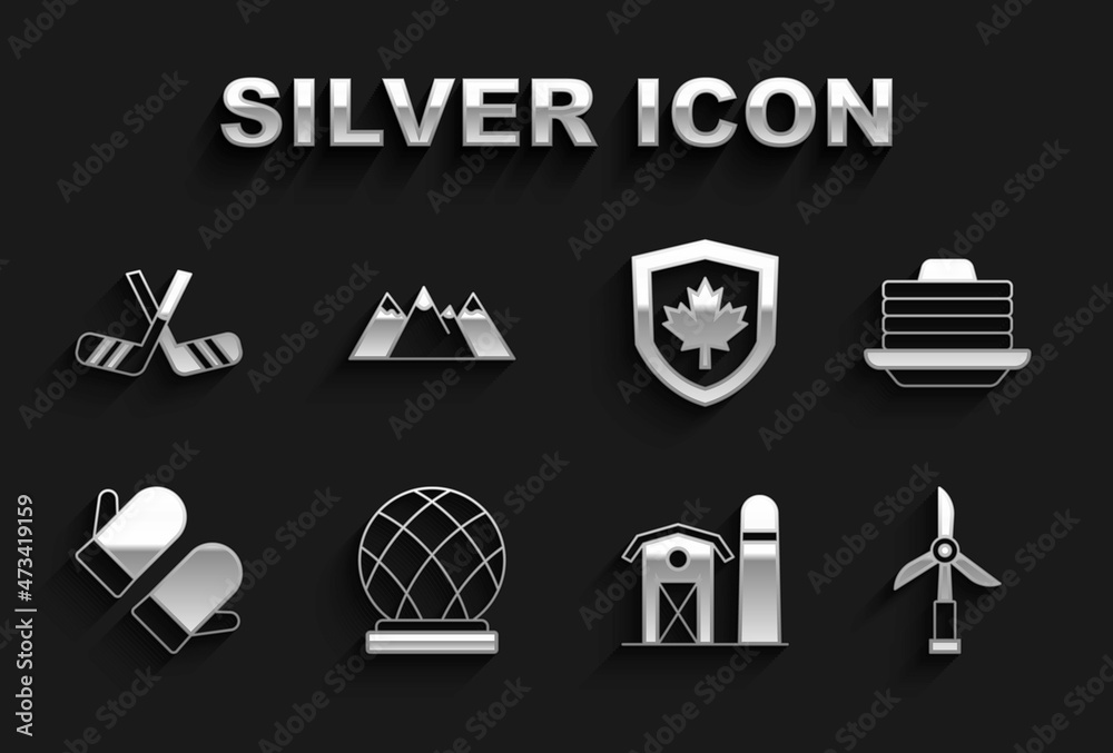 Set Montreal Biosphere, Stack of pancakes, Wind turbine, Farm house, Christmas mitten, Canada flag shield, Ice hockey sticks and Mountains icon. Vector