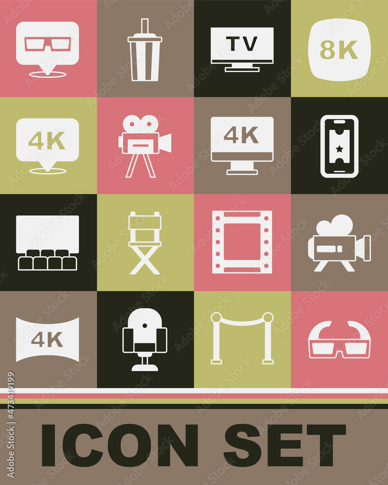 Set 3D cinema glasses, Retro camera, Buy ticket online, Smart Tv, 4k Ultra HD, and Screen tv with icon. Vector