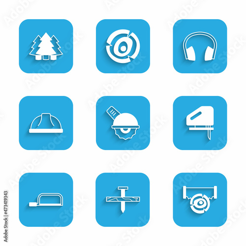 Set Electric circular saw, Metallic nail, Two-handed and log, jigsaw, Hacksaw, Worker safety helmet, Headphones and Christmas tree icon. Vector