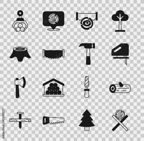 Set Wooden logs on a stand, Electric jigsaw, Two-handed, Tree stump, Grapple crane grabbed and Hammer icon. Vector
