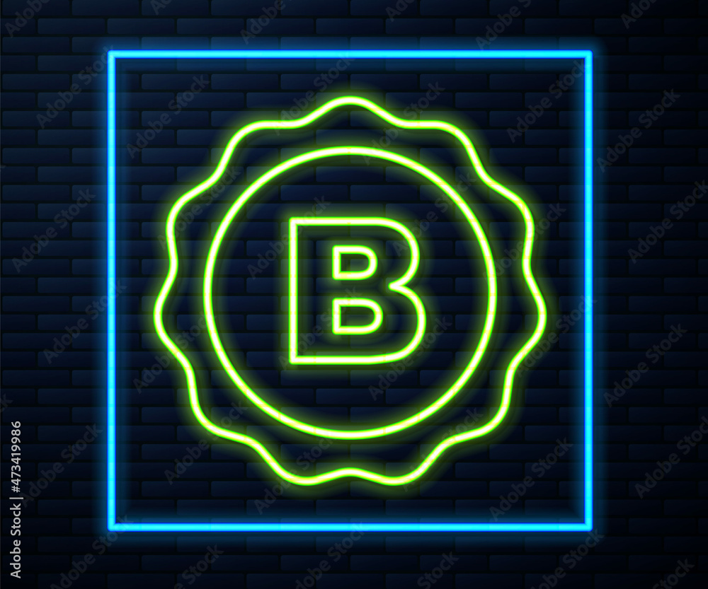 Glowing neon line Bottle cap with inscription beer icon isolated on brick wall background. Vector Glowing neon line Bottle cap with inscription beer icon isolated on brick wall background. Vector