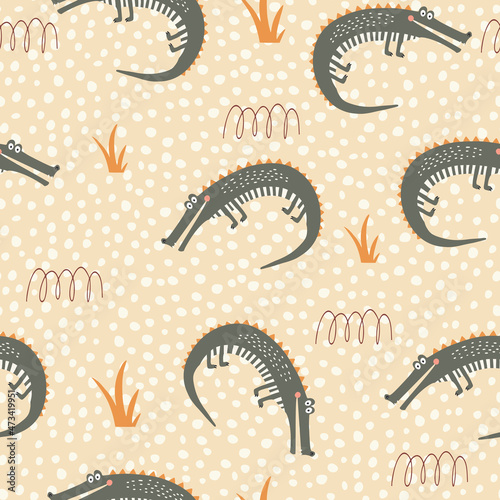 vector seamless pattern with green crocodiles. Creative animalistic texture. Great for baby fabrics, textiles and designs