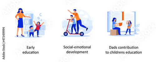 Early education, social emotional development, dads contribution to childerns education. parents kids education illustration. Mother and father educating and teaching their kid. photo