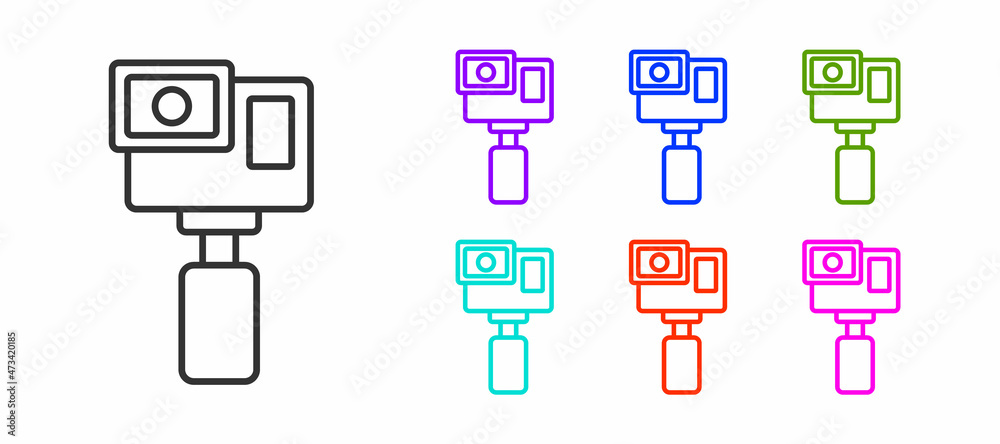 Black line Action extreme camera icon isolated on white background. Video camera equipment for filming extreme sports. Set icons colorful. Vector Black line Action extreme camera icon isolated on white background. Video camera equipment for filming extreme sports. Set icons colorful. Vector