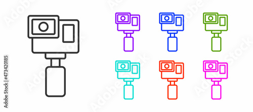 Black line Action extreme camera icon isolated on white background. Video camera equipment for filming extreme sports. Set icons colorful. Vector