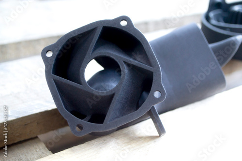 Model that printed on 3D printer. Creating of model on industrial 3D printer from polyamide powder or thermoplastic polyurethane under thermal printhead. Multi Jet Fusion MJF