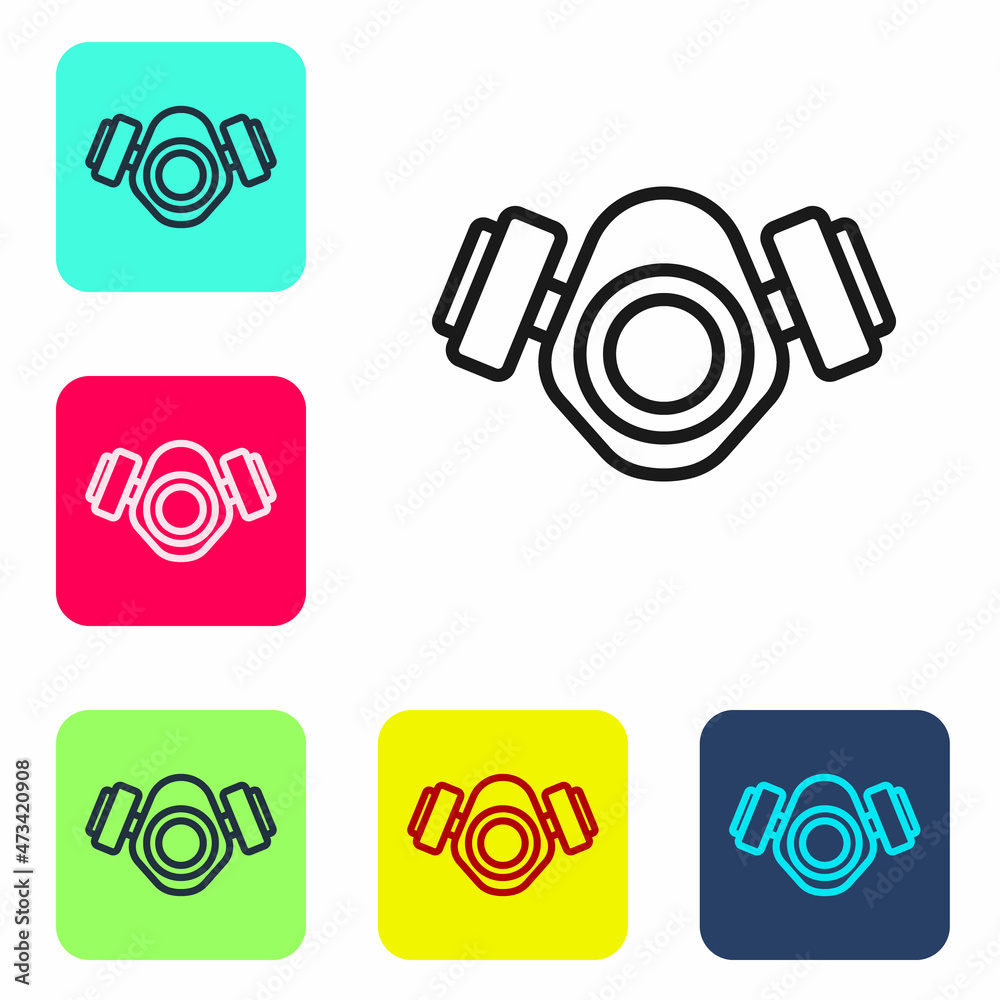 Black line Gas mask icon isolated on white background. Respirator sign. Set icons in color square buttons. Vector Black line Gas mask icon isolated on white background. Respirator sign. Set icons in color square buttons. Vector