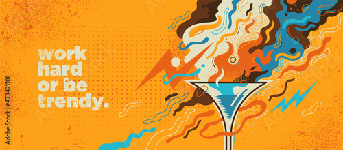 Abstract lifestyle banner design with cocktail and various colorful splashing shapes. Vector illustration.	 photo