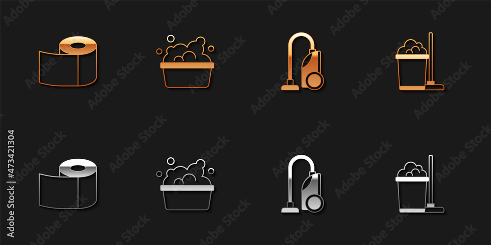 Set Toilet paper roll, Basin with soap suds, Vacuum cleaner and Mop and bucket icon. Vector Set Toilet paper roll, Basin with soap suds, Vacuum cleaner and Mop and bucket icon. Vector