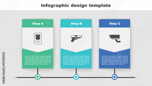 Set Police badge with id case, Pistol or gun and Security camera. Business infographic template. Vector