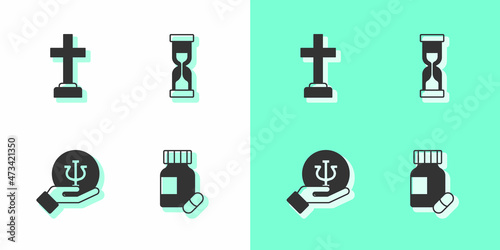 Set Sedative pills, Graves funeral sorrow, Psychology, Psi and Old hourglass icon. Vector