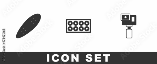 Set Longboard or skateboard, Skateboard wheel and Action camera icon. Vector