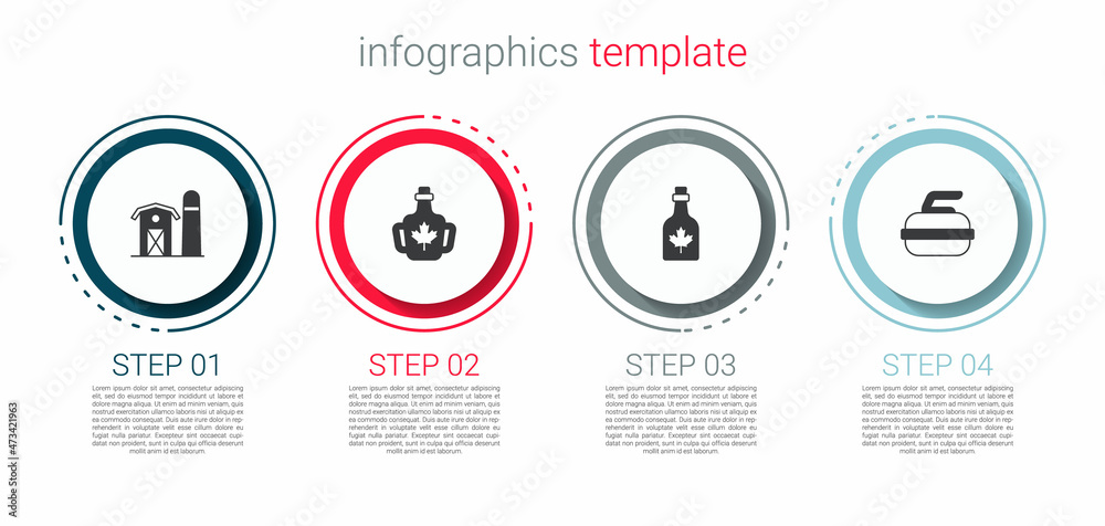 Set Farm house, Bottle of maple syrup, and Stone for curling. Business infographic template. Vector Set Farm house, Bottle of maple syrup, and Stone for curling. Business infographic template. Vector