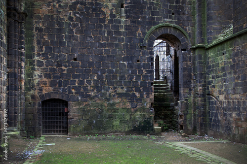 Dark mossy stone gothic building chamber horror
