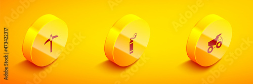 Set Isometric Pickaxe, Dynamite and Mining dump truck icon. Vector