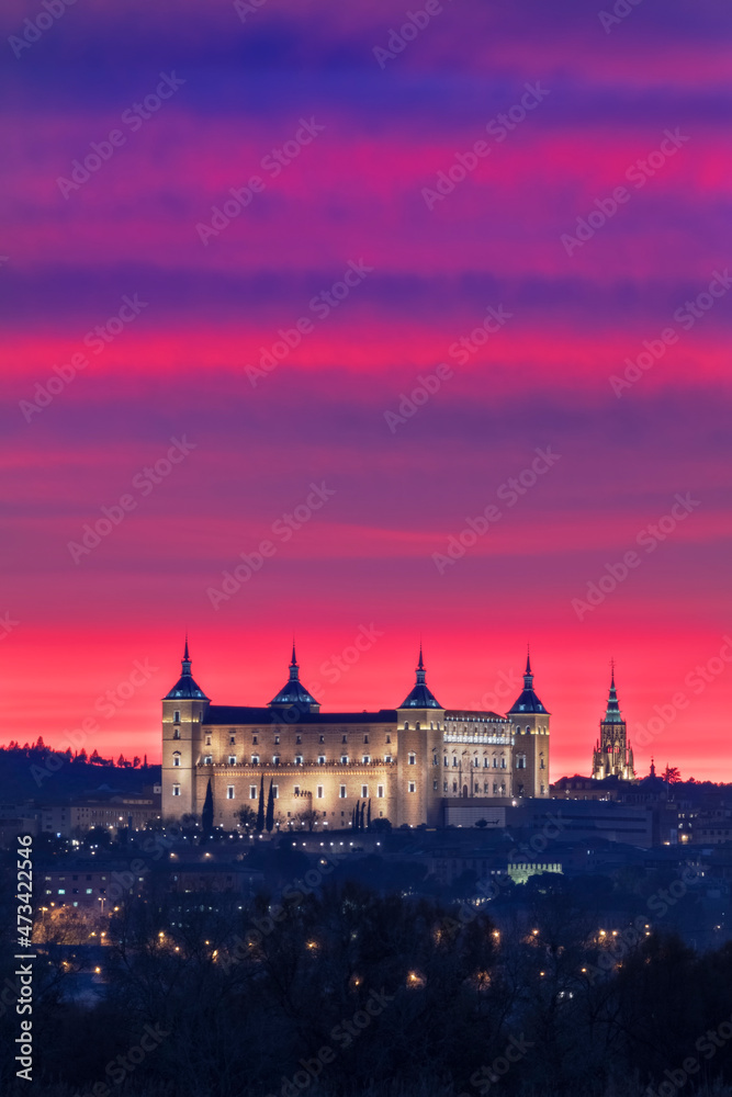 Aerial colorful view of sunrise of cathedral and Alcazar, Toledo Aerial colorful view of sunrise of cathedral and Alcazar, Toledo