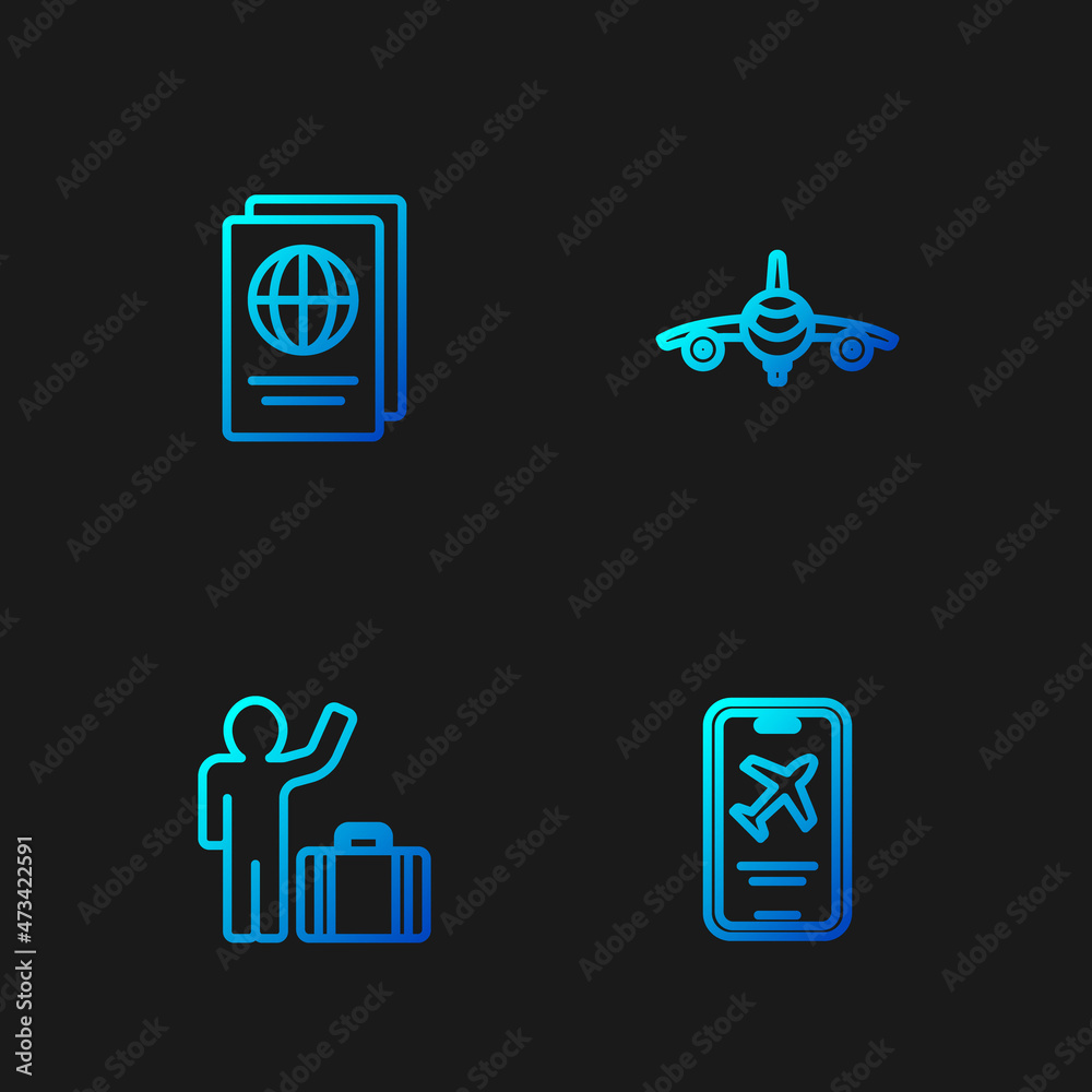 Set line Mobile with ticket, Tourist suitcase, Passport and Plane. Gradient color icons. Vector Set line Mobile with ticket, Tourist suitcase, Passport and Plane. Gradient color icons. Vector