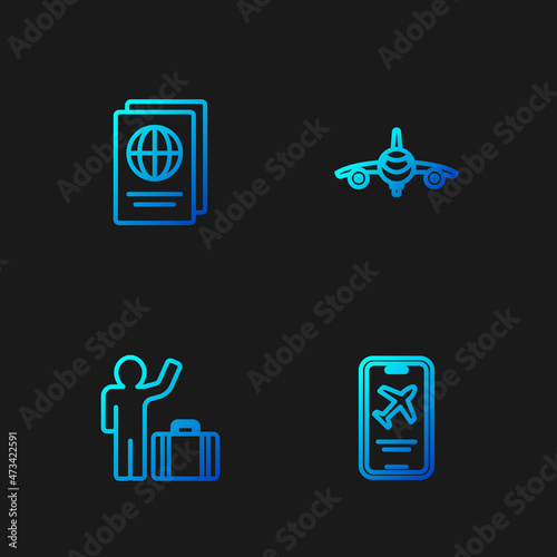 Set line Mobile with ticket, Tourist suitcase, Passport and Plane. Gradient color icons. Vector