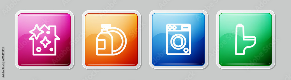 Set line Home cleaning service, Dishwashing liquid bottle, Washer and Toilet bowl. Colorful square button. Vector Set line Home cleaning service, Dishwashing liquid bottle, Washer and Toilet bowl. Colorful square button. Vector