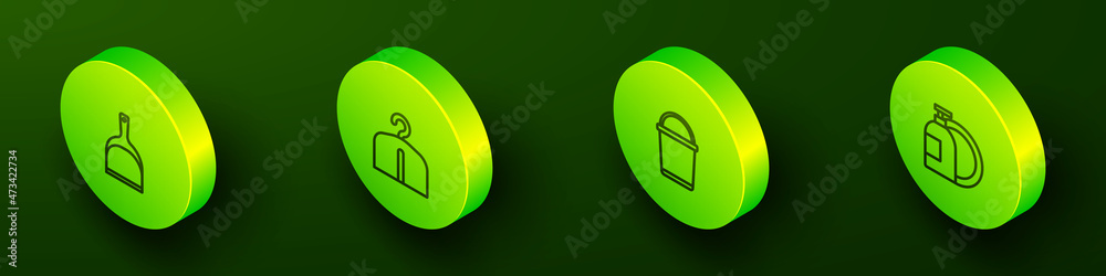 Set Isometric line Dustpan, Hanger wardrobe, Bucket and Dishwashing liquid bottle icon. Vector Set Isometric line Dustpan, Hanger wardrobe, Bucket and Dishwashing liquid bottle icon. Vector