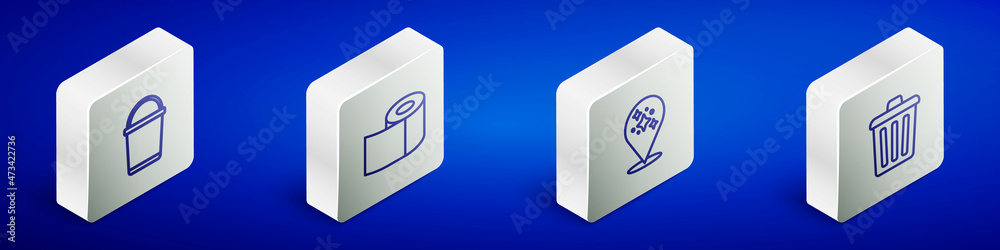 Set Isometric line Bucket, Toilet paper roll, Home cleaning service and Trash can icon. Vector Set Isometric line Bucket, Toilet paper roll, Home cleaning service and Trash can icon. Vector