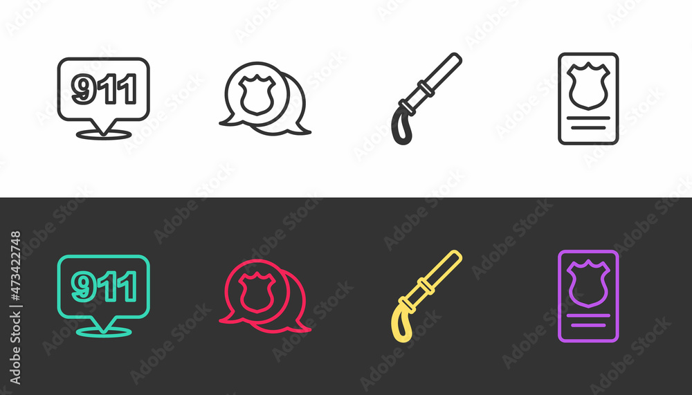 Set line Telephone call 911, Police badge, rubber baton and with id case on black and white. Vector Set line Telephone call 911, Police badge, rubber baton and with id case on black and white. Vector
