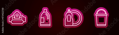 Set line Wet wipe pack, Bottle for cleaning agent, Dishwashing liquid bottle and Bucket. Glowing neon icon. Vector
