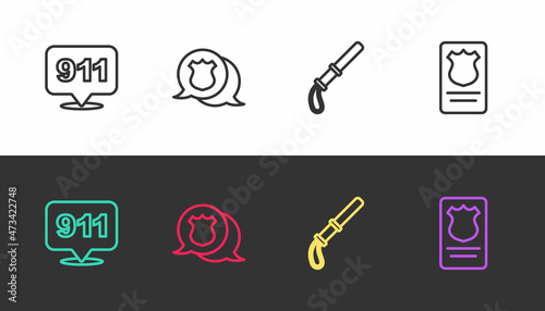 Set line Telephone call 911, Police badge, rubber baton and with id case on black and white. Vector