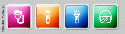 Set line Walkie talkie, Police electric shocker, Flashlight and helmet. Colorful square button. Vector