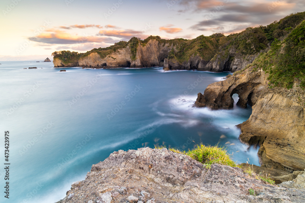 Long exposure shot of sea stacks and coastline in Izu Peninsula Long exposure shot of sea stacks and coastline in Izu Peninsula