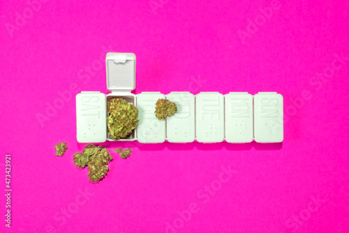 Alternative medicine concept: pillbox full of marijuana buds on pink.