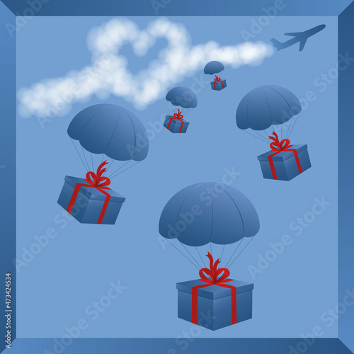 A gift for you! Gifts for everyone! With love! Fast delivery of gifts. Blue gift boxes tied with red ribbons dropped from an airplane are parachuted down. The trail behind the plane is a sign of love.