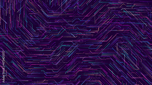 Artificial Intelligence or big data futuristic concept background. Abstract circuit board with random colorful streaming neon lines. Vector illustration