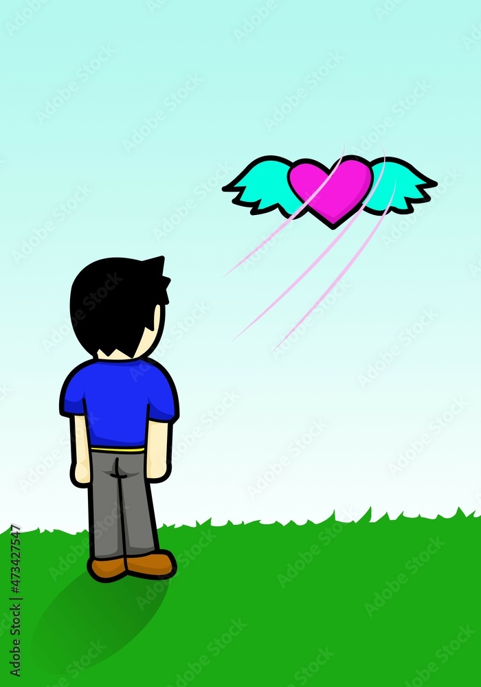 cute cartoon and heart wing on blue background cute cartoon and heart wing on blue background