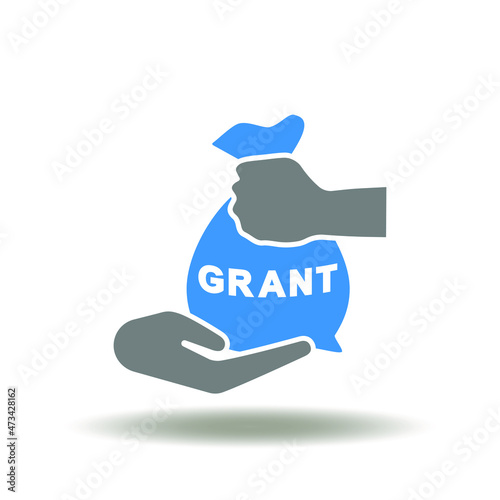 Vector illustration of hand give money bag and other hand take it. Icon of grant. Symbol of grants, subsidies.