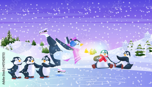 cute penguins skating on ice rink winter activities concept snowfall landscape background horizontal