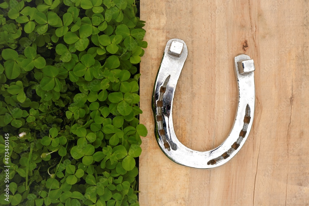 Saint Patrick background. horseshoe on a wooden board in green clover.St.Patrick 's Day.Irish traditional holiday.Shiny silver horseshoe Saint Patrick background. horseshoe on a wooden board in green clover.St.Patrick 's Day.Irish traditional holiday.Shiny silver horseshoe