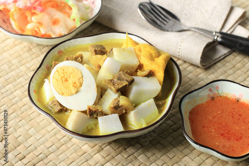 Lontong Kari Sapi, Ketupat with Beef Curry Soup. This is a Traditional Food, typically of Bandung, Indonesia.